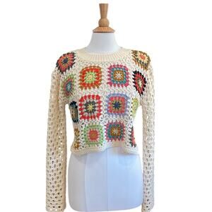 Debut Crochet Granny Square Open Knit Patchwork Long Sleeve Sweater, Cropped, L